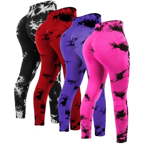 Mumucove 4 Pcs Womens Workout Leggings Tie Dye High Waisted Yoga Pants Seamless Scrunch Butt Lifting Compression Tights(X-Large,Black, Red, Rose Red, Purple)