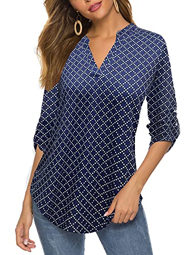 Halife Womens Tops and Blouses, Casual Style Elegant Shirt for Womens Long Sleeve Fall Blouse Plaid Shirts Navy Blue L
