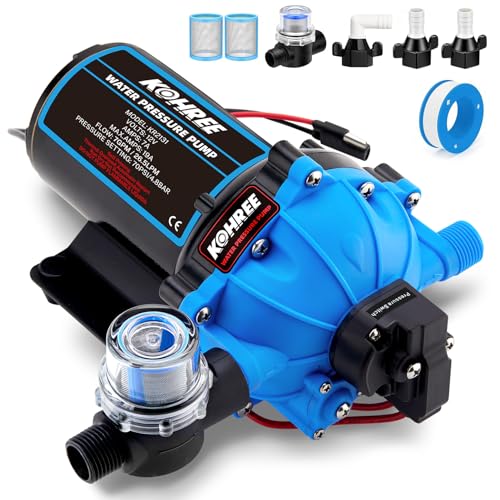 Kohree RV Fresh Water Pump 7GPM 70PSI, 12V DC Water Pump, Self-Priming, Upgraded Five Chamber Diaphragm Pump with Heavy Duty Pressure Switch and Strainer for RV, Marine, Yacht, Caravan