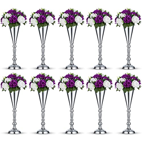 10 Pcs Tabletop Silver Metal Wedding Flower Trumpet Vase, 16.5 inch Table Decorative Centerpiece Artificial Flower Arrangements for Anniversary Ceremony Party Birthday Event Home Decoration (Silver)
