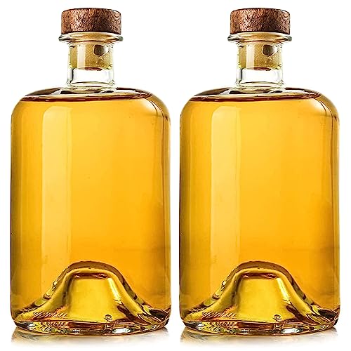 2 Pack 25 oz Heavy Base Clear Glass Liquor Bottles with T-Top Wood Caps Clear Wine Bottles Home Brewing Airtight Crew Bottles Leak Proof for Kombucha Juice Oil Drinks,Kefir,Dishware Safe