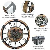 27 inch Large Real Moving Gears Wall Clock with Toughened Glass Cover, Oversized Vintage Solid Wood Farmhouse Clock, Giant Decorative Rustic Wall Clock for Living Room Home Kitchen Office (Brown)