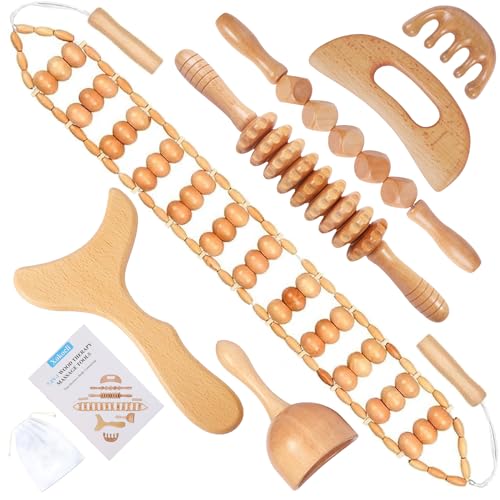 7-in-1 Wood Therapy Massage Tools Lymphatic Drainage Massager for Muscle Pain Relief | Maderoterapia Kit Body Sculpting Tools for Anti-Cellulite, Body Shaping