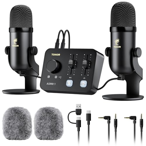 TONOR ASMR Microphone Equipment Bundle with Audio Interface, Immersive 3D Stereo Audio, Dual Condenser Mics with Audio Mixer, Clear Sound, Volume Control, with Furry Windscreens, Set for ASMR, Black