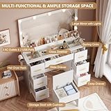 METOTI Vanity with Mirror and Lights, Makeup Vanity Desk with 7 Storage Drawers and Power Outlet, Vanity Set with Large Mirror, 9 LED Lights and Chair, Vanity Table for Bedroom, Dressing Room, White