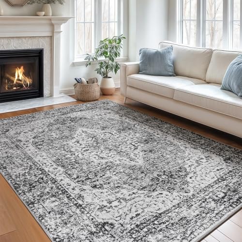 Lofus 5x7 Area Rugs for Living Room, Washable Area Rug, Rugs for Bedroom, Kitchen, Vintage Boho Carpet, Soft Non-Slip, Low Pile Large Area Rug for Office Dining Room, Vintage Dark Grey