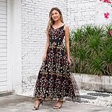 Floral Embroidered Dress for Women Long Flower Embroidery Dress Tulle Prom Dress Embroidery Mesh Floral Print Dress Vintage Spaghetti Straps Formal Evening Party Homecoming Wedding Guest Dress Black L