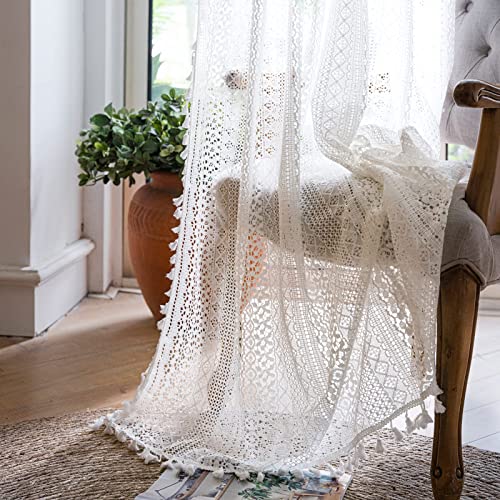 WAZZIO Off White Lace Curtains 84 Inches Long,Vintage Victorian Cotton Light Filtering Sheer Curtain2 Panel Set Bohemian Decor Drapes Boho Curtains for Bedroom Living Room
