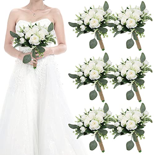 HOMENERGY Set of 6 Bridesmaid Bouquets for Wedding - 7 Inch Artificial Ivory Flower Bouquet for Party Ceremony Anniversary Dinning Table Centerpieces Decor - Ivory