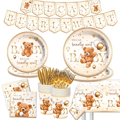 Bear Baby Shower Decorations for Boy-142Pcs Brown Bear Theme Tableware Plates and Napkins Set Serves 20 Guests,Bear Baby Shower Birthday Party Supplies
