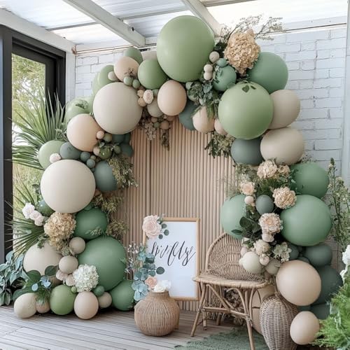Dusty Green White Sand Balloon Garland - Double Stuffed Light Sage Green White Cream Balloon Arch Kit Latex Olive Beige Balloons for Baby Shower Birthday Woodland Wedding Wild One Party Decor