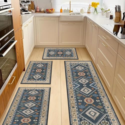 SIPIHA Boho Kitchen Rugs Sets 4 Piece with Runner Floral Kitchen Floor Mat Carpet Farmhouse Kitchen Rugs and Mats Non Skid Washable Runner Rug for Kitchen Floor Sink