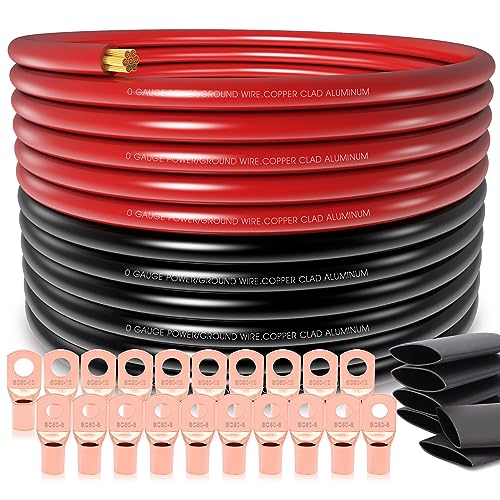 40FT 0 Gauge Wire Copper Clad Aluminum,1/0 Battery Cable,20pcs Lugs Terminal Connectors with 3:1Heat Shrink Tube for Amp,Inverter,Winch,Reducer,Starter,Solar Power,DC Wiring