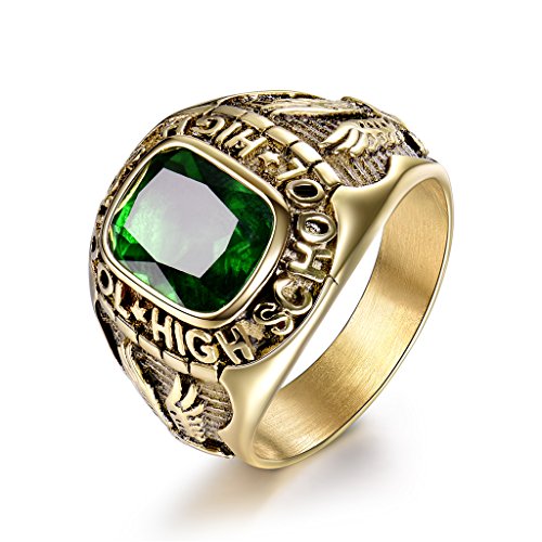 MASOP High School Stainless Steel Emerald Color Green Cubic Zirconia Rings for Men Size 9