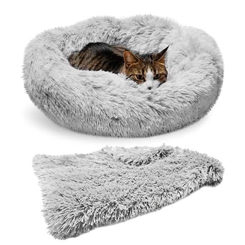 Whiskers & Friends Cat Bed, Cat Beds for Indoor Cats Washable, Orthopedic Soft Fluffy Round Calming Pet Bed for Small to Large Kitty Kittens & Dogs, Small Dog Beds & Furniture - with Blanket