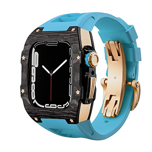 Luxury Carbon Fiber Alloy Case Strap Set for Apple Watch Series 8, 45mm Rubber Band DIY Bezel Modification Kit for iWatch 7 6 5 4 se 44mm 45mm (Color : Blue rg, Size : 44mm for 6/5/4/SE)