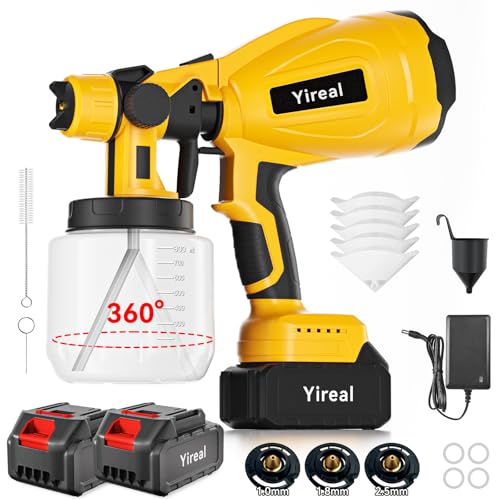 Yireal Cordless Paint Sprayer Gun with Battery 2 of 2000mAh 3 Copper Nozzles 2 of 800ML Containers HVLP Paint Sprayer for House Painting Furniture Cabinets Fence Wall Home and Outdoor