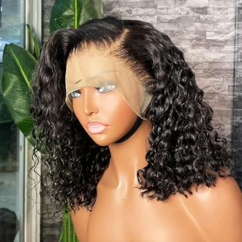 Abhayy 250 Density Short Water Wave Wig Bob Wig Human Hair Glueless HD Transparent Lace Frontal Human Hair Wigs 13x4 Water Wave Frontal 14 Inch Curly Bob Wig Human hair Wet and Wavy