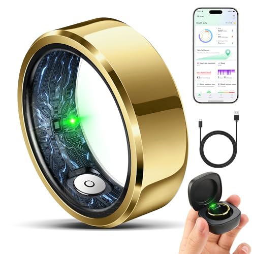 Smart Ring for Women Men, Fashion Minimalist Fitness Ring & Sleep Tracker Ring with Heart Rate, SPO₂,Blood Pressure, 5ATM Waterproof Health Ring, No Subscription,Travel-Friendly Couple Gift (Gold,9)