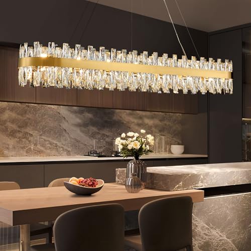 TMAFON Modern Brass Gold Crystal Chandelier, Rectangle K9 Crystal Raindrop Chandelier Lights, Contemporary Ceiling Hanging Light Fixtures for Kitchen Island Dining Room, Length 57 inches