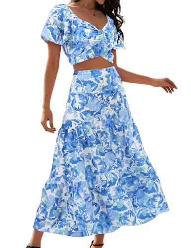 DRESSTELLS Women's 2 Piece Skirts Set, Floral Outfit Suit 2025, Smocked Top & Long Skirt, Casual Spring Going Out Dresses Blue Floral L