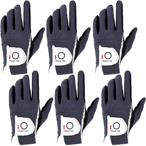 FINGER TEN Golf Gloves Men Right Left Handed Golfer Mens Glove RainGrip Hot Wet Weather Value 6 Pack, All Weather in Grey Medium (Grey, Medium, Left)