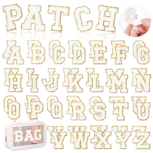 White Chenille Letters Self-Adhesive Patches: KINGSOW 52PCS Self Adhesive Varsity Iron on Letter Patches Stick on Embroidered Patch for Clothing