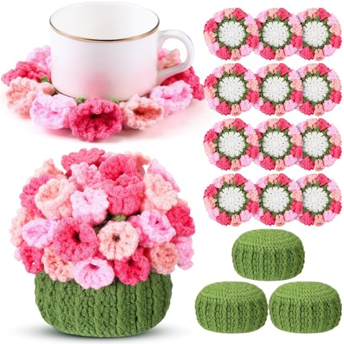 HunnmingRe 15 Pcs 3D Cute Crochet Flower Table Coasters Handmade Flower Crochet Coaster Set with Plant Pot Holder Soft Decorative Cup Mat Housewarming Gift(Pink,Lily of The Valley​)