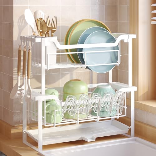 KOSIWU Dish Rack with Drainboard, Organizes Dishes and Bathroom Items for Narrow Spaces, Two-Story Drying Rack Fits 12 Plates 12 Bows 5 Glasses 4 Hooks and Some Cutlery, White