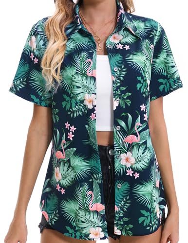 Hawaiian Shirts for Women, Hawaiian Shirt Beach Shirts Tropical Blouses for Women Aloha Outfits Luau Clothing Summer Ladies Button Up Short Sleeve Shirts for Vacaion, Flamingo Green, XL