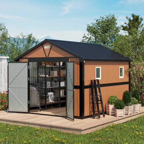 10x12 Ft Outdoor Storage Shed, Extra Large Metal Shed with Lockable Doors, 2 Windows, Outside Steel Tiny House Ideal for Garden, Backyard, Patio Utility, Tool Storage, Chicken Coops