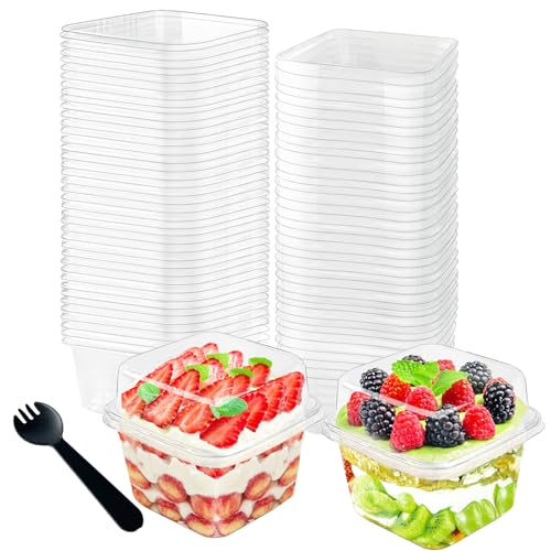 100Pcs 8oz Plastic Dessert Cups with Lids and Spoons,Disposable Parfait Cup Square Cake Containers for Party Favor,Mousse,Yogurt,Pudding,Snacks,Fruits,50 Sets