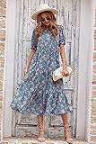 PRETTYGARDEN Women's Summer Casual Boho Dress Floral Print Ruffle Puff Short Sleeve Flowy Midi Beach Party Dresses (Blue Apricot,Large)