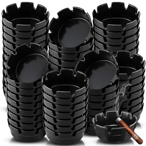 Reginary Pack of 48 Round Black Plastic Ashtrays Cigar Bulk Black Ashtray for Home Restaurant Bar Indoor Outdoor, 4 Inches in Diameter