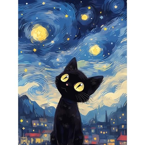 Black Cat Diamond Art Kits for Adults, Cute Black Cat Diamond Painting Kits for Adults Beginners, 5D Round Full Drill Gem Art Kit for Home Wall Decor 12x16 Inch
