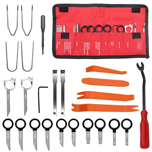 Seamaka 20pcs Radio Removal Tool Kit with 4 Pcs Panel Removal Tools and A Chort Clip Release Tool,Universal Stereo CD Player Removal Key Kit for Most Car and Truck O-051