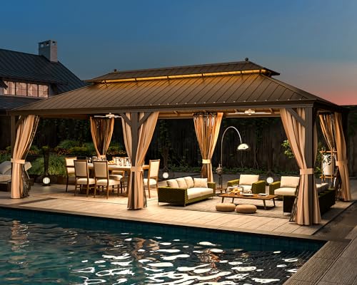 MELLCOM 12' x 24' Hardtop Gazebo,Galvanized Steel Metal Double Roof Aluminum Frame with Curtain and Netting,Brown Permanent Pavilion Gazebo with Aluminum Frame for Patios,Gardens,Lawns