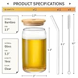 [ 12pcs Set ] Glass Cups with Bamboo Lids and Glass Straw - Beer Shaped Drinking Glasses, 16 oz Iced Coffee Glasses, Cute Tumbler Cup for Smoothie, Boba Tea, Whiskey, Water - 4 Cleaning Brushes