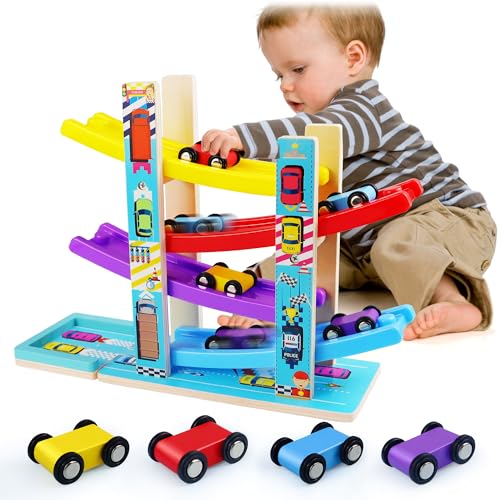 Montessori Toys for Toddlers, Children Race Track Toy with 4 Cars and 1 Wooden Parking Lot, Stable Base, Car Ramp Toy for 1 2 3 Year Old Boy Girl Gifts