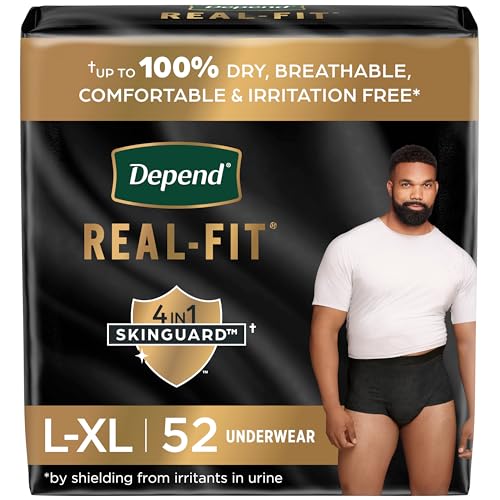 Depend Real Fit Incontinence Underwear for Men, Disposable, Maximum Absorbency, Large/Extra Large, Black, 52 Count (2 packs of 26), Packaging May Vary