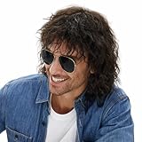 MEDISIFA Mullet 70s 80s Wig with Bangs Dark Brown Long Disco Hair Curly Men Wigs for Mens Man Male Hippie Rocking 80s Them Party Cosplay Costume Anime Heat Resistant Synthetic Hair Wig 70's Wig