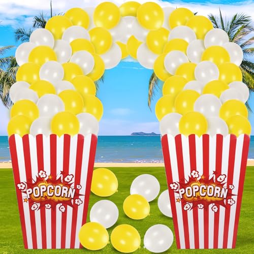AIHSUMC 2 Set Giant Popcorn Box with Balloons, Movie Popcorn 3D Popcorn Box Cardboard Stand up, Outdoor Standing Heavyweight Popcorn Box for Theme Parties Festivals Yard Decoration(102Pcs)