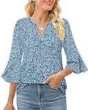 Gaharu Women Top for Work Women's Floral Print Blouses 3/4 Ruffle Sleeve Flowy Chiffon Tops V Neck Tunic Dress Shirts Business Casual Blouses for Office Multi-Blue,M