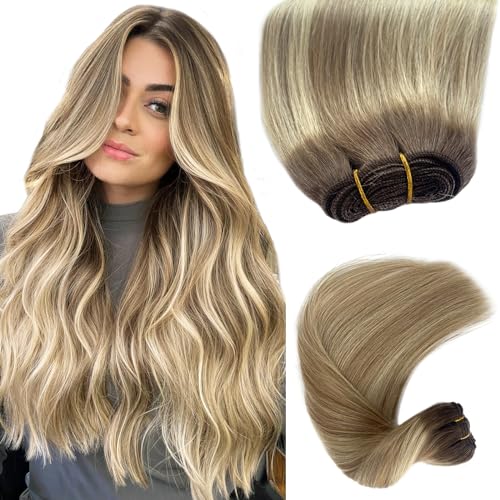 Sew in Hair Extensions Real Human Hair,18 Inch Weft Hair Extensions Human Hair, 100G Hand Tied Weft Hair Extensions Human Hair Weave Bundles Ombre Brown Balayage Ash Blonde Human Hair Wefts Extensions
