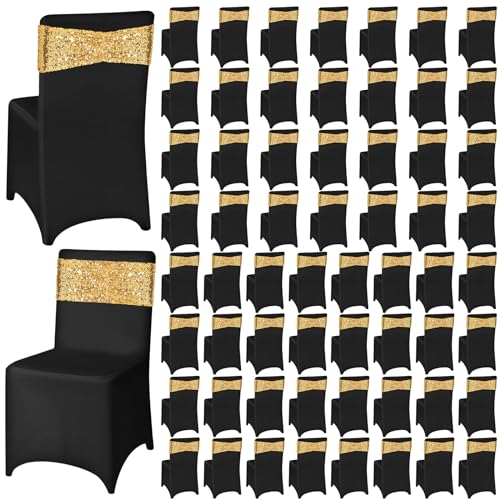 Chumia 120 Pcs Chair Covers and Chair Sashes, Stretch Spandex Chair Covers with Shiny Chair Sashes for Wedding Party Banquet Dining Chair Decor(Black, Gold)