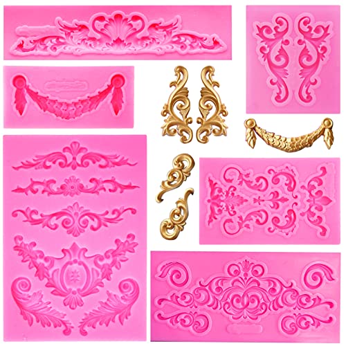 Rainmae 6 Pcs Baroque Style Curlicues Scroll Lace Fondant Silicone Mold, Relief Flower Lace Mould Filigree Mold 3D Sculpted Decoration, Cupcake Topper, Jewelry, Polymer Clay, Crafting Projects
