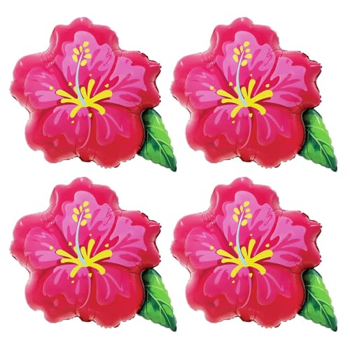 4Pcs Tropical Hibiscus Foil Balloons, 23.6inch Hot Pink Hibiscus Flowers Balloon for Magic Theme Hawaiian Flamingo Summer Luau Aloha Birthday Party Decorations