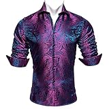 Barry.Wang Mens Dress Shirt, Violet Floral Silk Long Sleeve Button Down Regular Fit Shirts Elegant