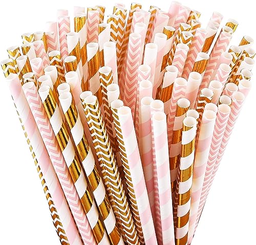 ALINK Biodegradable Paper Straws, 100 Pink and Gold Straws for Party Supplies, Birthday, Wedding, Bridal/Baby Shower, Christmas Decorations and Holiday Celebrations
