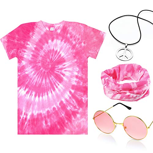Norme 4 Pieces Hippie Costume Set, Include Tie Dye T Shirt, Peace Sign Necklace, Headband and Sunglasses for Halloween Theme Parties